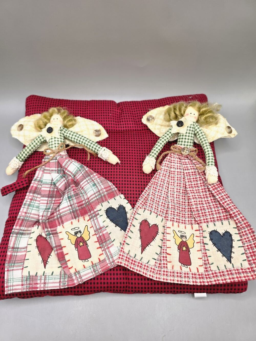 Vtg Primitive Fabric Angel Ornaments Set of 2 Gingham Plaid Country Folk Art